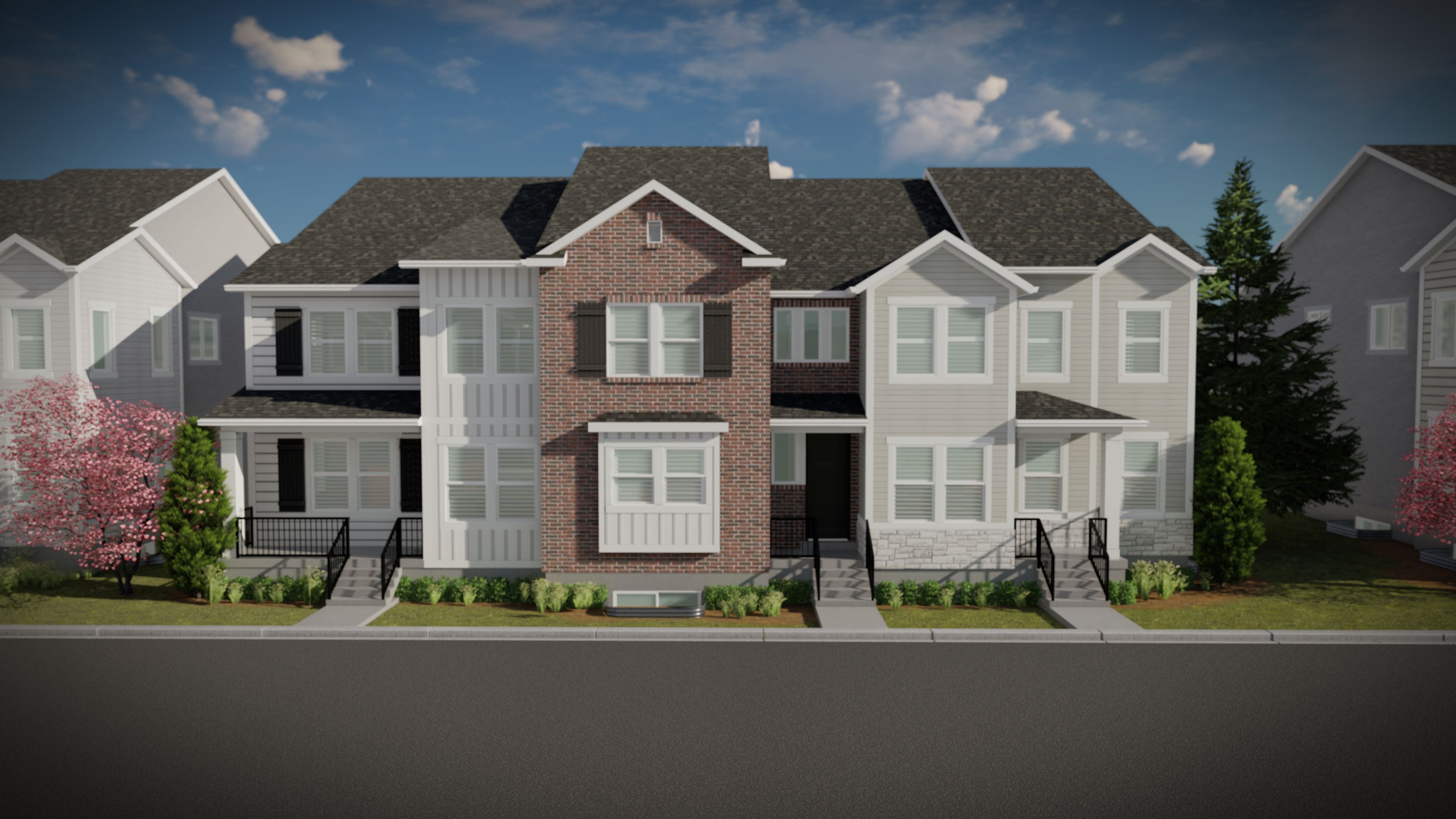 Traditional-style home with a residential view, brick siding, and roof with shingles
