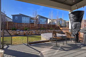Wooden terrace featuring a fenced backyard