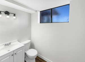 Half bath featuring vanity and dark wood-style floors
