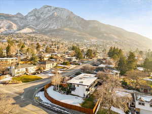 Aerial view of residential area with a mountain backdrop