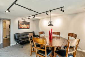 Dining room featuring rail lighting, carpet, and a textured ceiling
