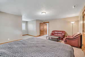 Bedroom with a textured ceiling and light carpet