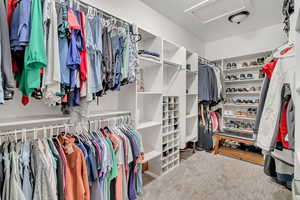 Walk in closet with attic access and light carpet