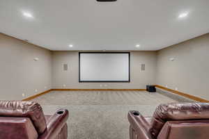 Carpeted cinema featuring recessed lighting