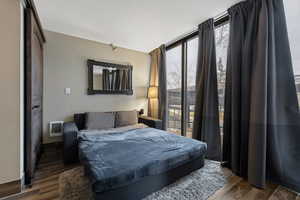 Bedroom featuring wood tiled floors, heating unit, and expansive windows