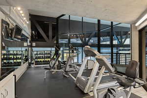 Workout area with a wall of windows
