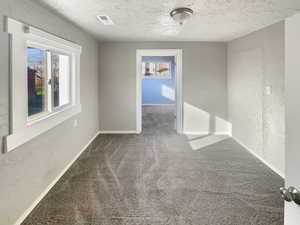 Carpeted spare room featuring a textured wall, a textured ceiling, and healthy amount of natural light