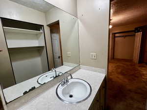 Bathroom featuring a textured ceiling, vanity, a walk in closet, and dark colored carpet