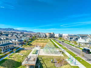 Aerial view of residential area with a mountainous background
