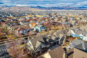 Aerial view of residential area with mountains