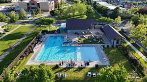 Aerial view of residential area with a pool