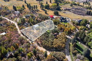 Aerial overview of property's location with property parcel outlined