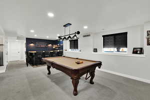 Playroom featuring light carpet, billiards, a dry bar, and recessed lighting
