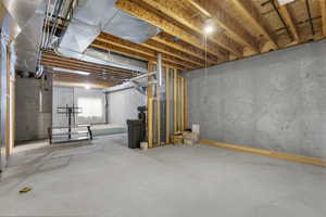 Unfinished basement with a water softener system and electric panel