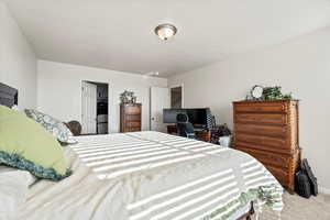 Carpeted bedroom with a spacious closet