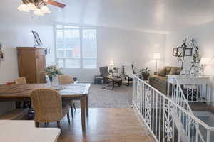 Dining space with a ceiling fan