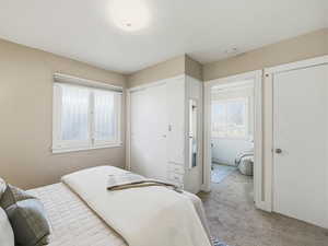 Bedroom featuring carpet flooring and a closet