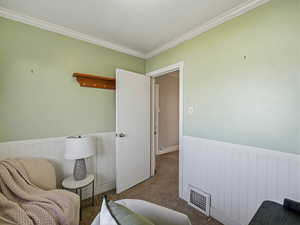 Living area featuring a wainscoted wall, carpet flooring, ornamental molding, and a decorative wall