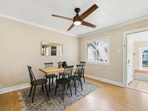 Dining room with crown molding, light wood-type flooring, and ceiling fan
