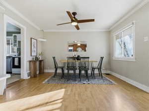 Dining room with a ceiling fan, light wood-type flooring, and crown molding