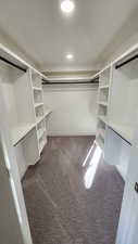 Walk in closet featuring light carpet