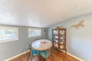 Dining area featuring lofted ceiling, plenty of natural light, a textured ceiling, wood finished floors, and a textured wall