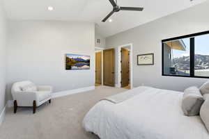 Bedroom with a ceiling fan, carpet flooring, lofted ceiling, and recessed lighting