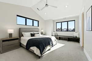 Bedroom with vaulted ceiling, light colored carpet, a ceiling fan, and recessed lighting