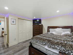 Bedroom featuring wood finished floors, a closet, and recessed lighting