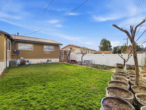 Fenced backyard featuring a garden