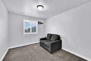 Living area featuring carpet and baseboards