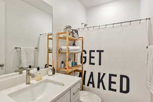 Bathroom featuring vanity and a shower with curtain