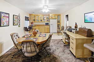 Dining space off of kitchenette with a ceiling fan, light carpet, a textured ceiling, and plenty of natural light