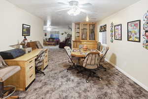 Dining room with light carpet, a textured ceiling, and a ceiling fan