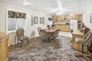 Dining space off of kitchenette with a ceiling fan, light carpet, a textured ceiling, and plenty of natural light