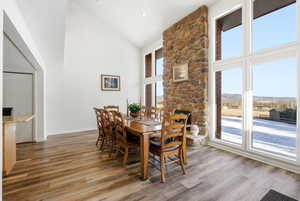Dining space featuring high vaulted ceiling and light wood-type flooring