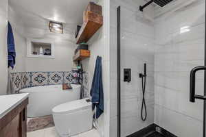 Bathroom featuring vanity, a marble finish shower, and a freestanding bath