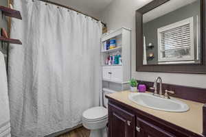Full bathroom featuring a shower with curtain, vanity, and dark wood finished floors