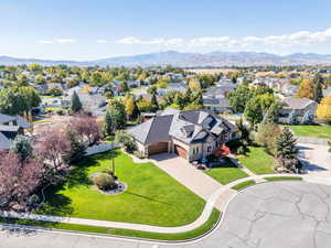 Aerial perspective of suburban area with mountains