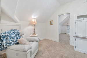 Living area featuring lofted ceiling and light colored carpet