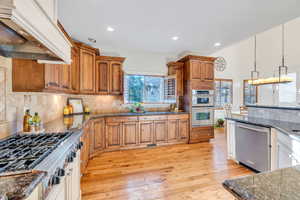 Kitchen featuring tasteful backsplash, custom exhaust hood, dark stone countertops, stainless steel appliances, and recessed lighting