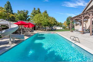 View of swimming pool featuring a patio, a pergola, and a water slide