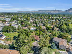 Aerial overview of property's location with mountains