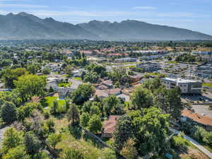 Aerial view of residential area with a mountain backdrop