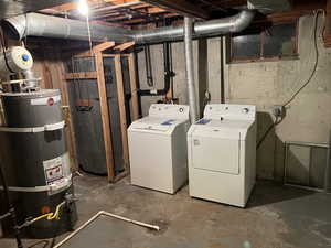 Unfinished basement with secured water heater and separate washer and dryer