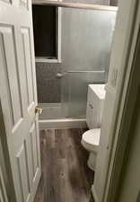 Full bathroom with vanity, dark wood-style flooring, and a shower stall