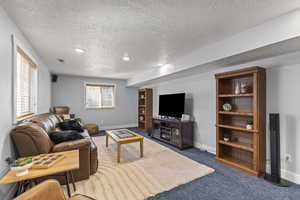 Living room with a textured ceiling, carpet floors, and recessed lighting