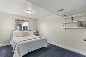 Bedroom featuring a textured ceiling and carpet floors