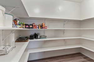 Upgraded pantry with added storage and an electrical outlet.