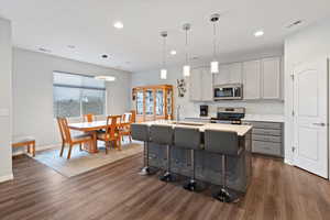 Gray shaker cabinets, quartz countertops, composite granite sink, slate gray stainless steel appliances, soft-close cabinetry, under-cabinet lighting, pull-out spice rack, roll-out trash cans, USB outlets, and an upgraded pantry with added storage and an